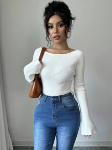 Elenzga 1 pieza Suéter holgado con manga acampanada y hombros descubiertos para mujer, Blusa de manga larga