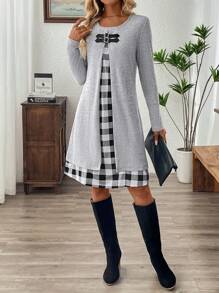 EMERY ROSE Women's Autumn Patchwork Plaid Long Sleeve Button-Down Casual Mid-Length Dress - Multicolor - View 3