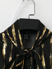 SHEIN Clasi 女士几何印花锡箔袖口拼接羽毛雪纺喇叭袖女式衬衫 - 黑色 - 查看 4