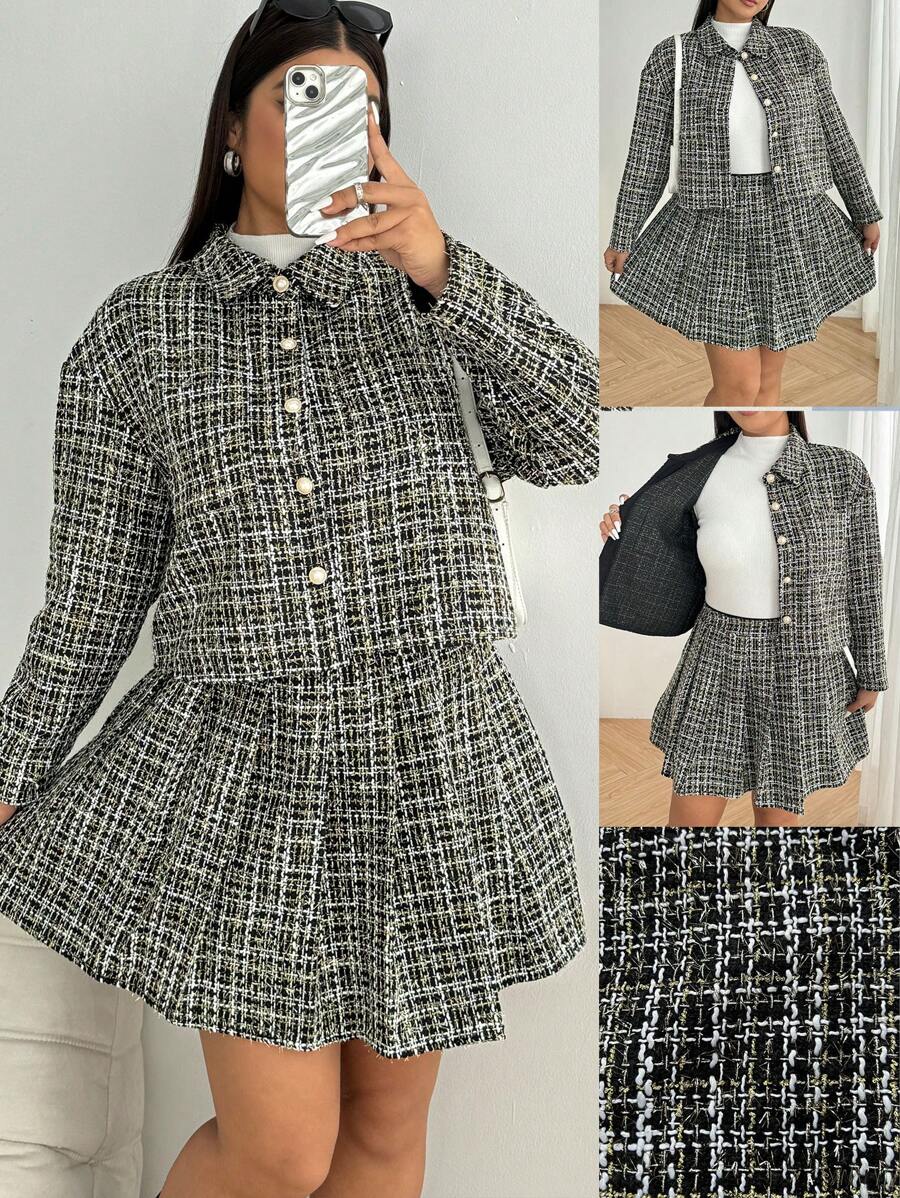 SHEIN MOOSTA Bộ 2 món áo khoác cổ sơ mi vải tuýt cỡ lớn và chân váy mini, cho mùa đông - Nhiều màu - Xem 1