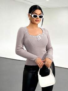 SHEIN SXY Suéter de mujer de cuello redondo de manga larga tejido para otoño/invierno, suéter, suéter tejido de mujer