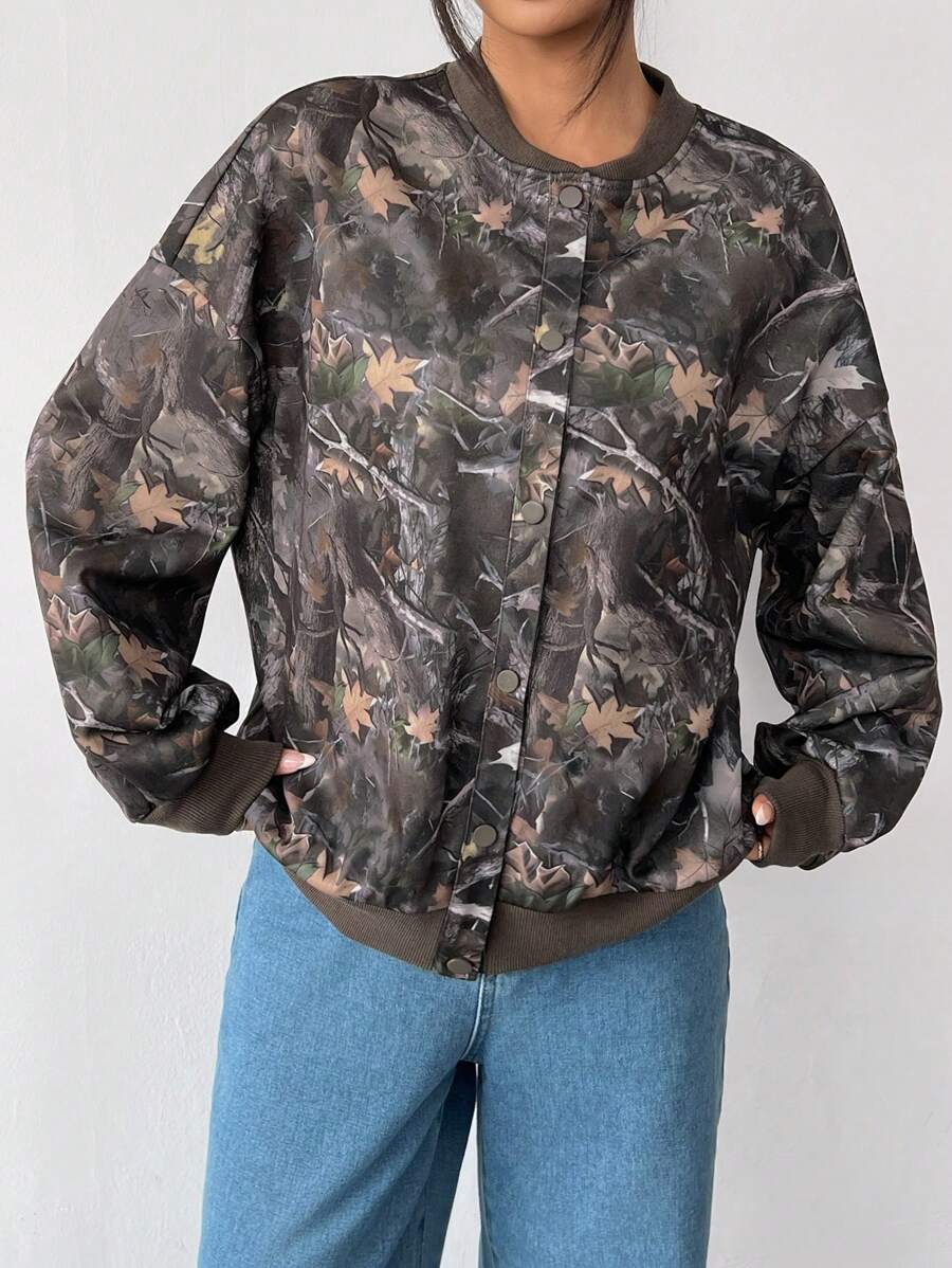 SHEIN EZwear Women's Autumn Branch Print Drop Shoulder Long Sleeve Single-Breasted Casual Baseball Jacket - Multicolor - View 1