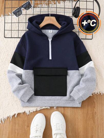 SHEIN Tween Boys' Casual Colorblock Panel Hooded Pullover Half Zip Up Long Sleeve Knit Hoodie Sweatshirt, Black & White, Suitable For School, Garden, Beach, Birthday, All Seasons,In Fall/Winter