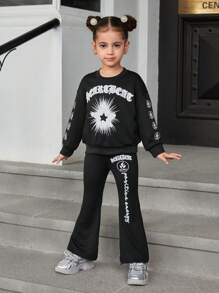 مجموعة بلوزة كاجوال كبيرة السحم بطباعة نجوم وخطوط نصوص و بنطلون محبب ذو قصة ناقسة للبنات الصغيرات بطراز جوتيك، لإطلالة عودة المدرسة الضرورية والمتعددة الاستخدامات بنمط رياضي مناسب للأمهات والبنات والشقيقات، رائعة للارتداء اليومي والكاجوال في الخريف والشتاء - الأسود - مشاهدة 4