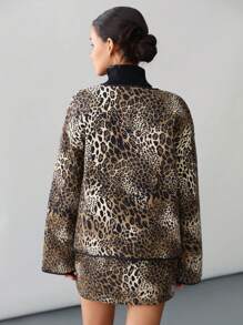 Aveloria Affinna Veste à manches longues avec poches, style rue décontracté moderne, empiècement de couleur noir, imprimé léopard, fermoir devant + Jupe 2 pièces, tenue automne pour femmes