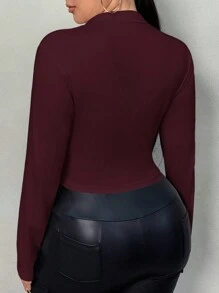 SHEIN SXY 大码休闲纯色长袖修身短款 T 恤，秋季 - 酒紅色 - 查看 2