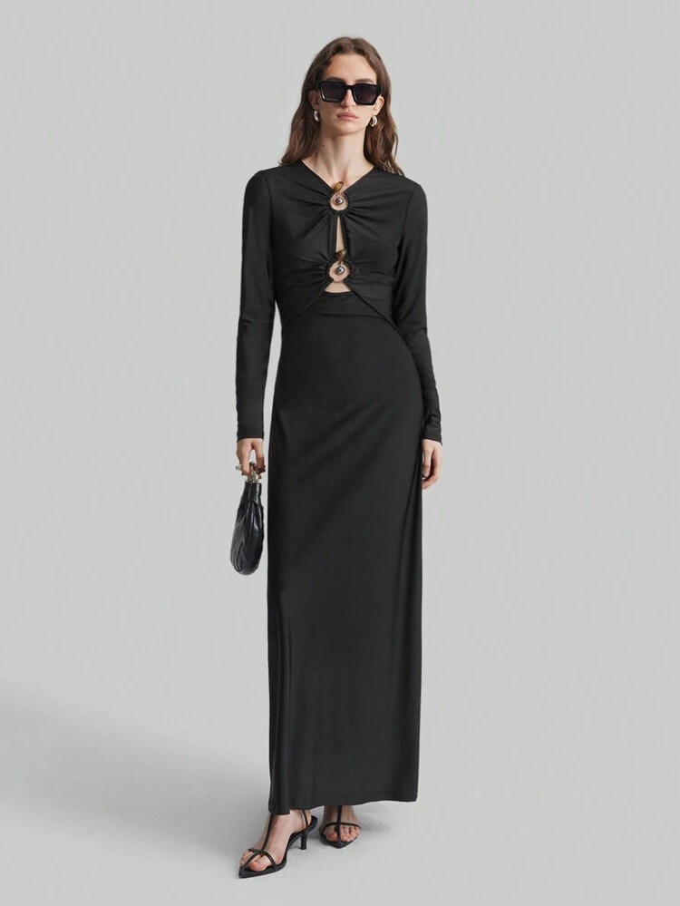 Women's Elegant Sexy Black Hollow Out Metal Decor Dress, Slim Fit For Spring New Year