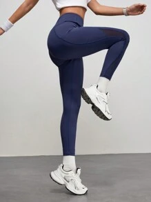 SHEIN Sports Damskie legginsy z wysokim stanem i bezszwową siateczką kontrastową, warstwa bazowa do użytku na zewnątrz