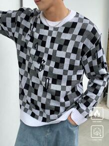 Claim Dot Men's Casual Checkerboard Pattern Round Neck Long Sleeve Sweater, Autumn/Winter - Multicolor - View 1