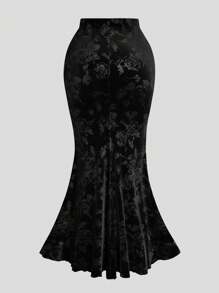 Flirla Plus Size Women Elegant High Waist Jacquard Velvet Mermaid Skirt, Wine Red For Party And Celebration - Black - View 2
