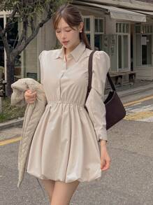DAZY Women's Solid Color Shirt-Style Cinched Waist Puff Short Dress, Spring/Summer/Autumn,Fall Women Clothes Long Sleeve Dress - Apricot - View 5