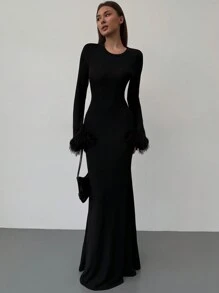 Aloruh Váy đen dài co giãn dáng ôm bó eo tương phản thời trang mới - màu đen - Xem 2