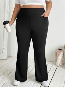 SHEIN CURVE+ Plus Size Women's Fall Winter Back To School Casual Loungewear Homewear Yoga Comfortable Outdoor Solid Black Knitted Elastic Waist High Waist Pockets Flare Leg Trousers,Leggings With Pockets - Black - View 9