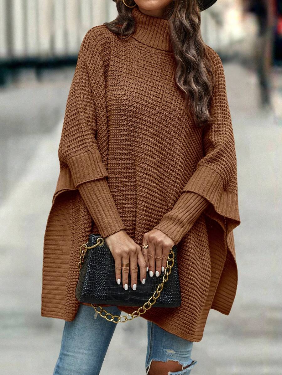SHEIN LUNE 休闲纯色高领蝙蝠袖毛衣，适合秋冬季穿着，针织套头衫，秋季毛衣 - 棕色 - 查看 1