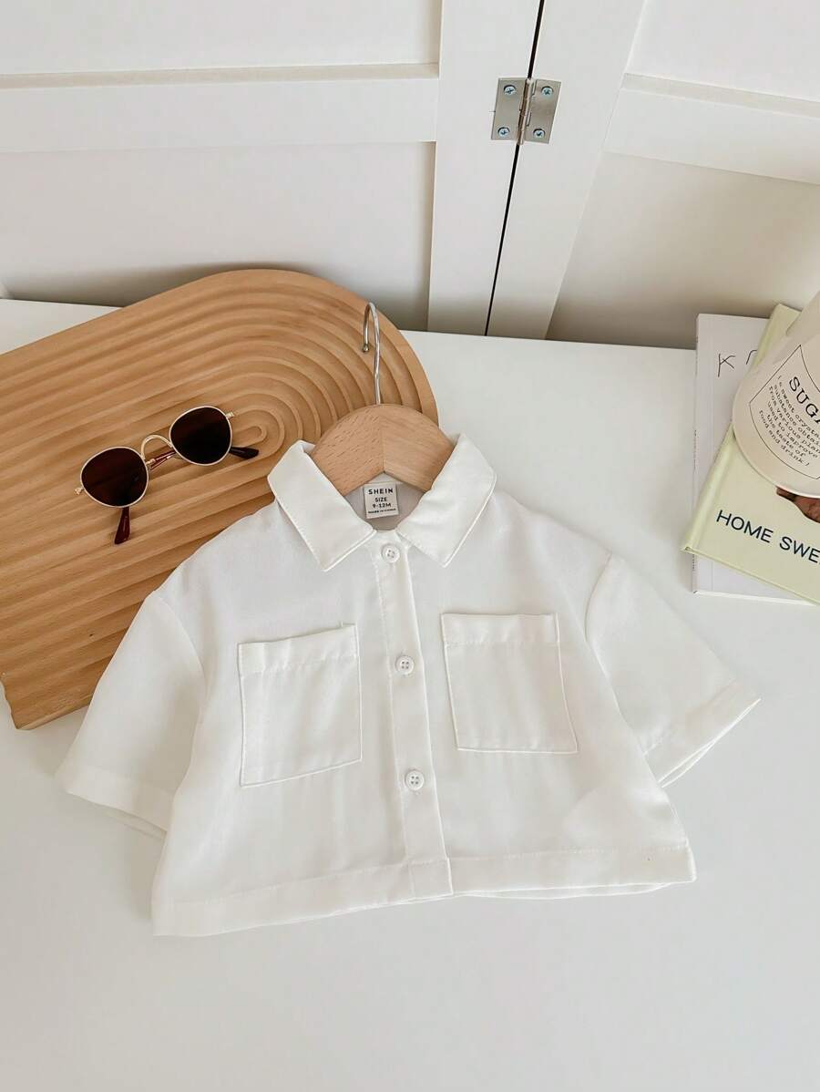 SHEIN LMoss Kids Cute Baby Girls White Short Sleeve Shirt, Versatile For Summer - White - View 1