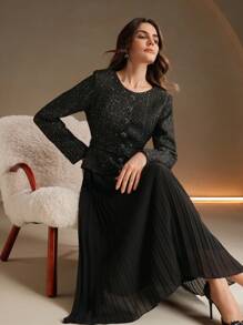Anewsta Women Long Sleeve Patchwork 2 In 1 Pleated Dress - Black - View 3
