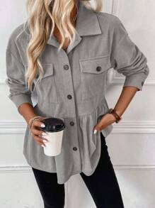 EMERY ROSE Flap Pocket Drop Shoulder Peplum Corduroy Coat Fall Winter Cloth For Women - Grey - View 3