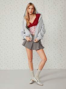 SHEIN EZwear 女士花卉印花撞色蕾丝灯笼袖优雅衬衫 - 紅色 - 查看 4