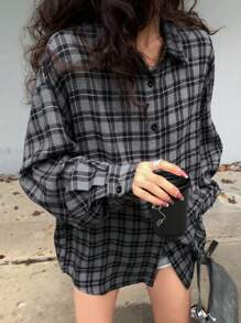 DAZY Blusa informal holgada de manga larga a cuadros para mujeres