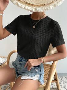 SHEIN Essnce 女士纯色圆领短袖华夫格休闲 T 恤 - 黑色 - 查看 5