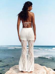 Opulessa 女士高腰喇叭针织蕾丝裤，适合度假 - 白色 - 查看 2