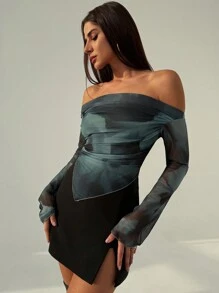 Firerie Women Elegant Design Army Green Tie Dye Gradient Print Asymmetrical Hem Strapless Long Sleeve T-Shirt - Army Green - View 6