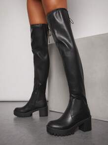 SHUZIA Women's Black Chunky Heel Lug Sole Thigh-High Boots With Drawstring Back – Slimming, Sexy, Comfortable, And Versatile New Year Holiday Valentine Gifts Summer Shoes Valentines Spring Shoes - Black - View 2