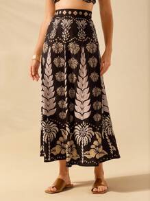 CAJUNI Váy đi biển dáng chữ A họa tiết hoa giấy nhiệt đới, cây dừa, quả dứa dành cho nữ - màu đen - Xem 2