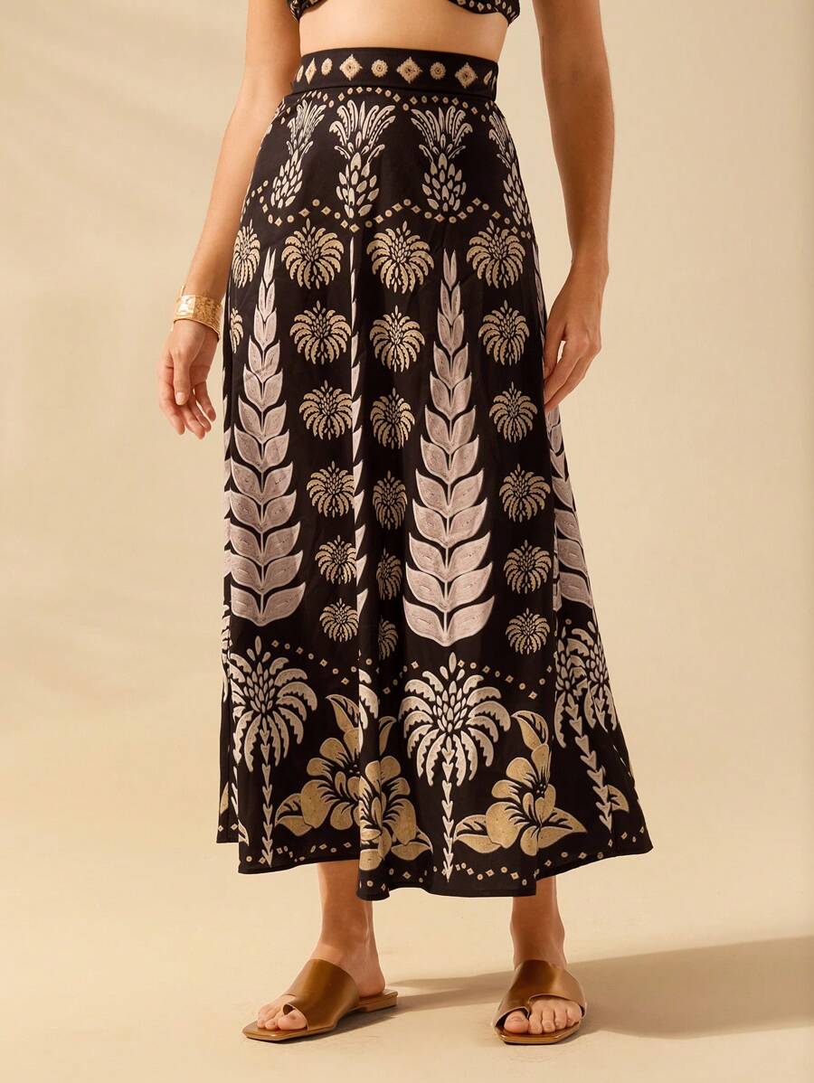 CAJUNI Váy đi biển dáng chữ A họa tiết hoa giấy nhiệt đới, cây dừa, quả dứa dành cho nữ