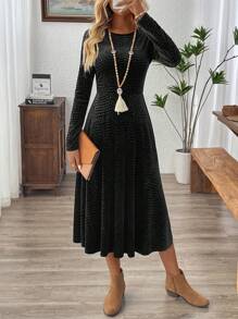 EMERY ROSE 女士优雅圆领长袖中长连衣裙，带鳄鱼印花 - 黑色 - 查看 1