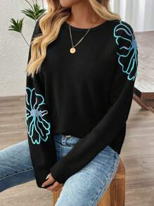 EMERY ROSE Suéter casual de cuello redondo de manga larga con estampado floral para mujer, otoño/invierno