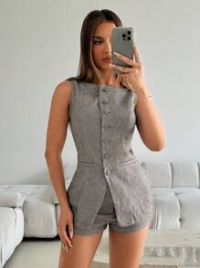 Aloruh 2 件女士商务休闲西装背心和低腰短裤套装，修身版型，适合工作，秋冬季