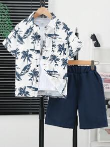 2pcs Outfit For Tween Boys: Coconut Print Shirt And Solid Color Shorts For Summer - Navy Blue - View 1