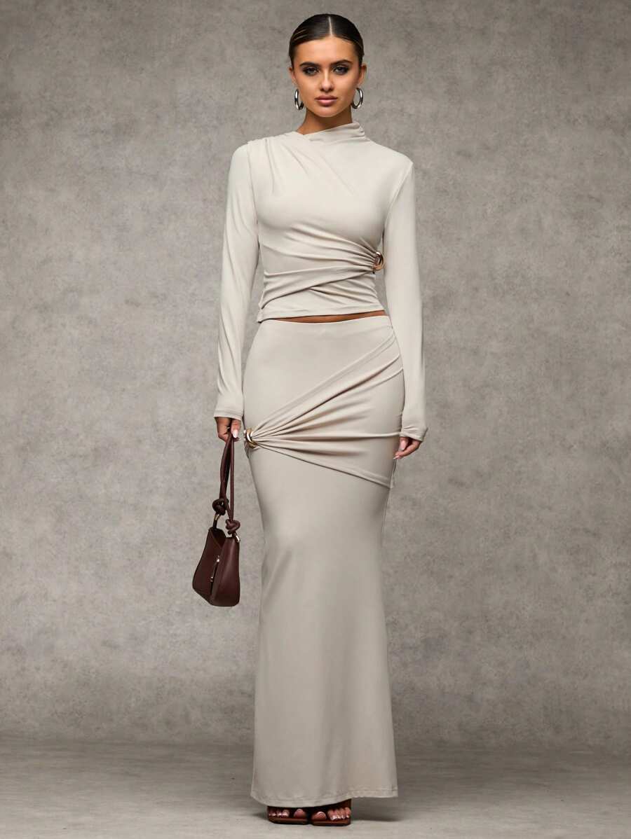 SHEIN BAE Women's Apricot Solid Color Slim Fit Minimalist Metal Decorated Extra Long Skirt, Suitable For Casual Daily Wear, Fashionable Outfits, Going Out, Dating, Commuting, New Year's Eve