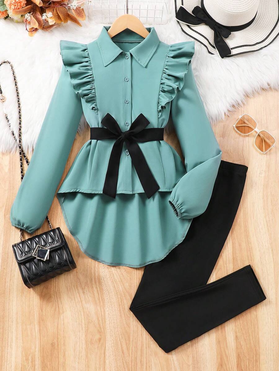 少女 2 件套：纯色荷叶边饰纽扣衬衫 + 黑色紧身裤 - 黑色 - 查看 1