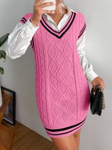 Chiquease Women's Casual Loose Striped V-Neck Sleeveless Sweater Dress, Autumn/Winter - Hot Pink - View 5