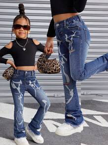 SHEIN Young Girl Graffiti Print Blue Denim Flared Elastic Distressed Jeans - Dark Wash - View 1