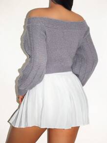 Zolique Women's Fashionable Solid Color Off Shoulder Lantern Sleeve Cropped Sweater, Autumn New Years Sexy Club Holiday Party Women Knit Pullover Fall Winter - Grey - View 2