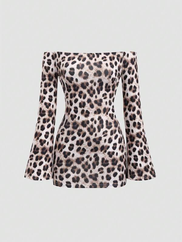 EgrlEra Vestido ajustado corto de mujer con estampado de leopardo, hombros descubiertos, mangas acampanadas y espalda abierta, atuendo Y2K para club, fiesta o vacaciones