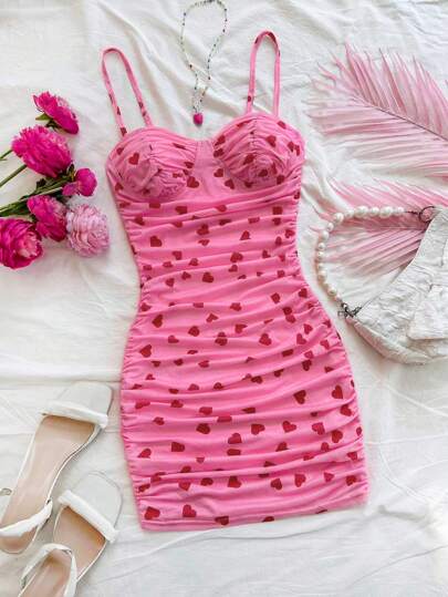 Soleia Sukienka mini z nadrukiem w kształcie serca z siateczki, marszczona, z dekoltem w serek, może być noszona jako bielizna lub odzież wierzchnia