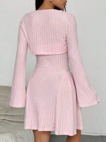 Flirla 2 sztuki Elegancki zestaw sukienek Y2K Casual Brushed Ribbed Knit z długim rękawem