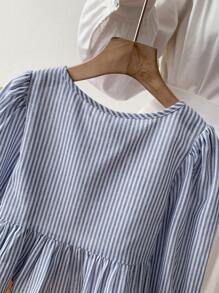 SHEIN LMoss Kids LMoss Young Girl Young Girl Woven Striped Puff Sleeve Loose Casual Shirt - Blue - View 5