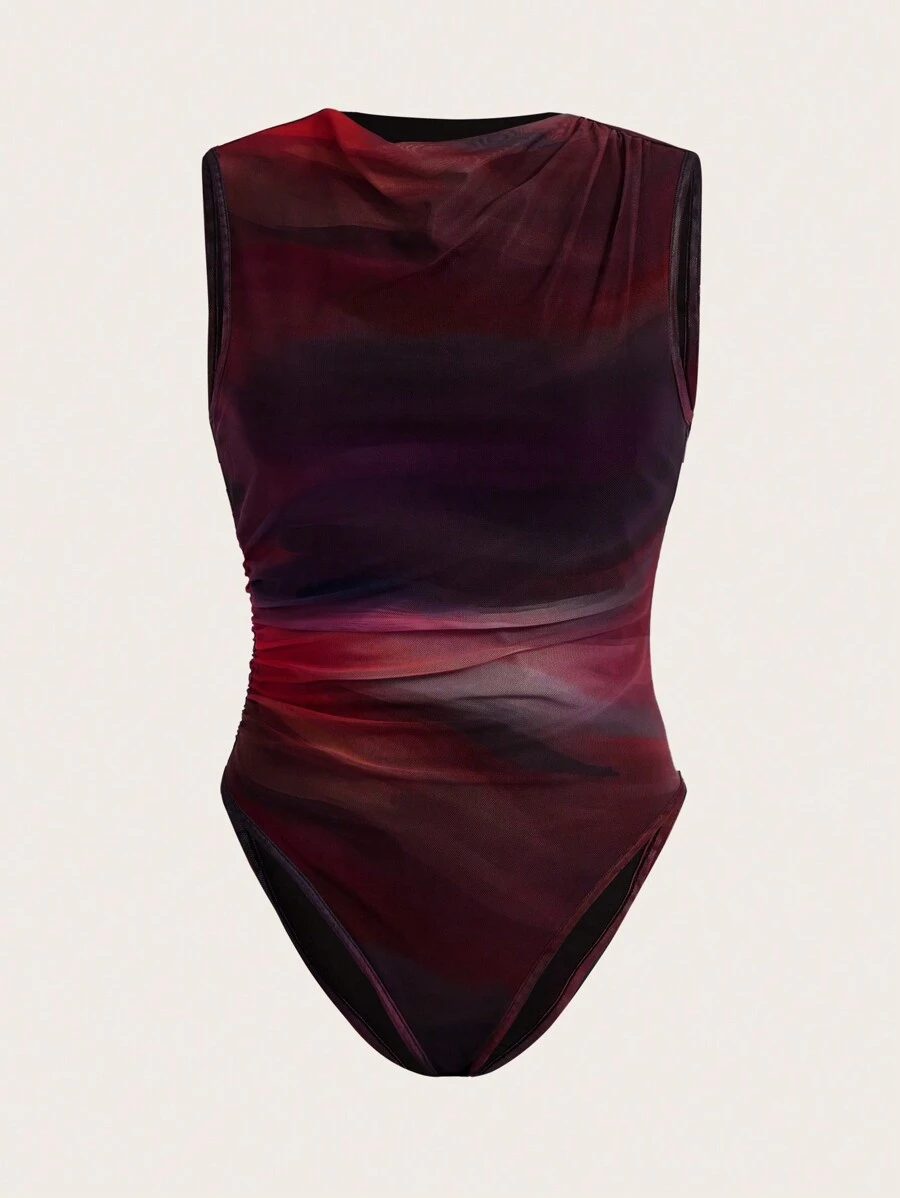 SHEIN Essnce Fashionable Tie-Dye Tie Dye Shirred Bodysuit - Burgundy - View 1