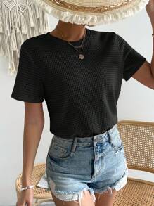 SHEIN Essnce 女士纯色圆领短袖华夫格休闲 T 恤 - 黑色 - 查看 3