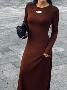 INAWLY Sexy Long Dress, Solid Color, Long Sleeve, Minimalist, Casual Everyday Wear