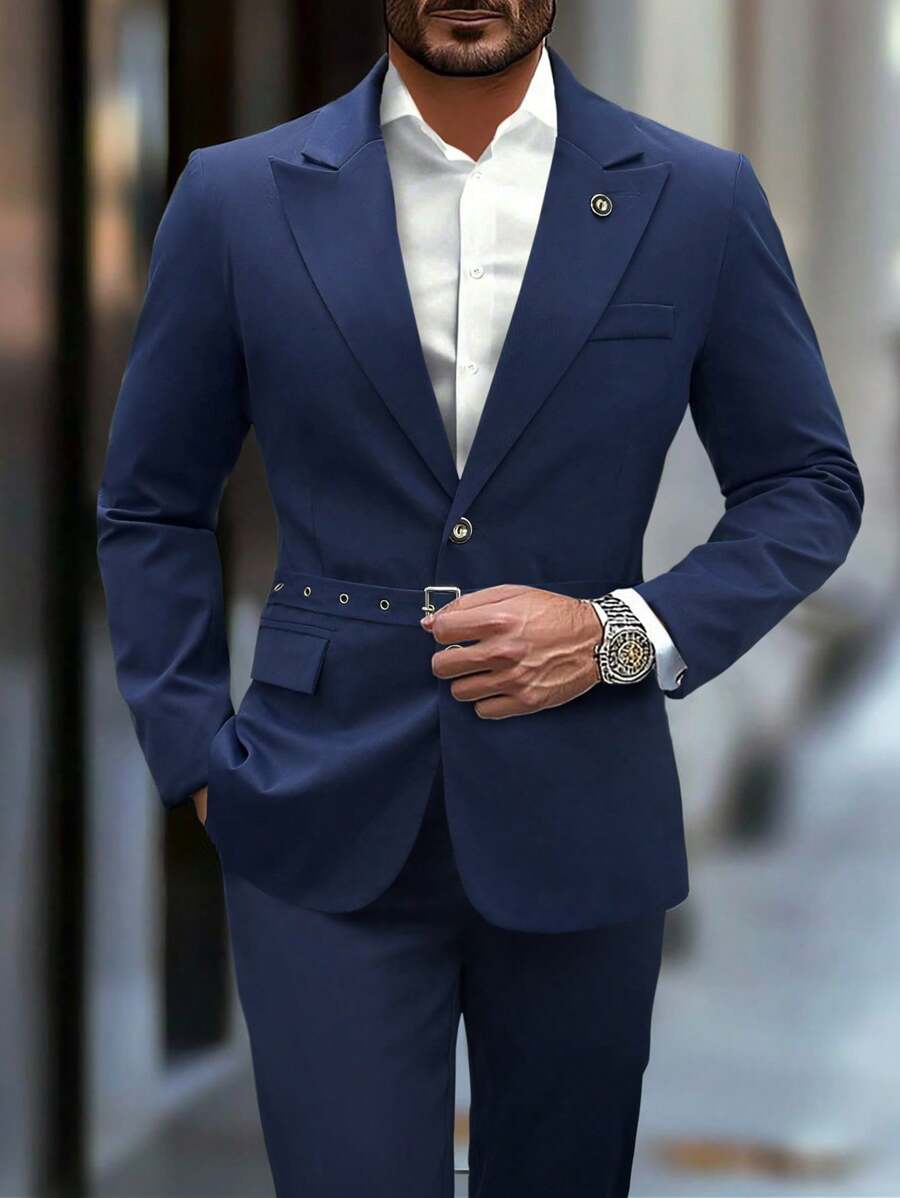 Manfinity Mode Men's Solid Color Business Commuting Suit Set With Jacket And Pants - Navy Blue - View 1