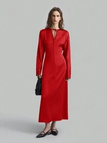 Ontre Poplin Material Women's Dress 2025 New Spring Fashion, Batwing Sleeves Elegant Formal Long Sleeve Tie-Neck Dress In Deep Red, Long Sleeve Satin Formal Gown