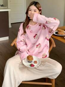 DAZY Cartoon Pattern Flannel Thick Pajama Set - Pink - View 5