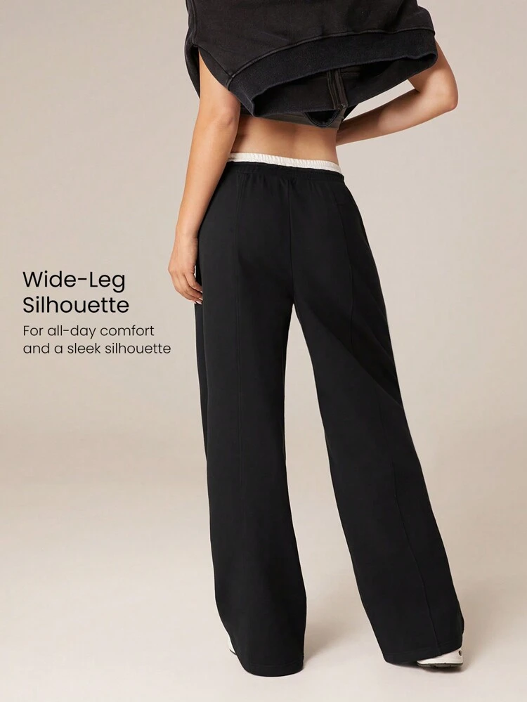 Everyday Fleece Wide Leg Contrast Color Waist Adjustable Drawstring Waist Sweatpants With Side Pockets Daily Casual Full Winter