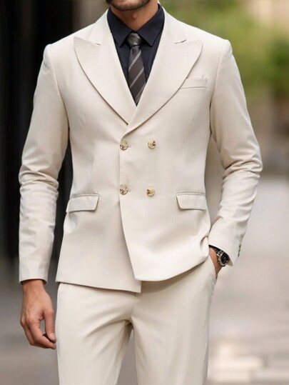 Manfinity Bizformal Men 2pcs/Set Solid Front Button Faux Pocket Long Sleeve Minimalist Shirt And Trousers Suit